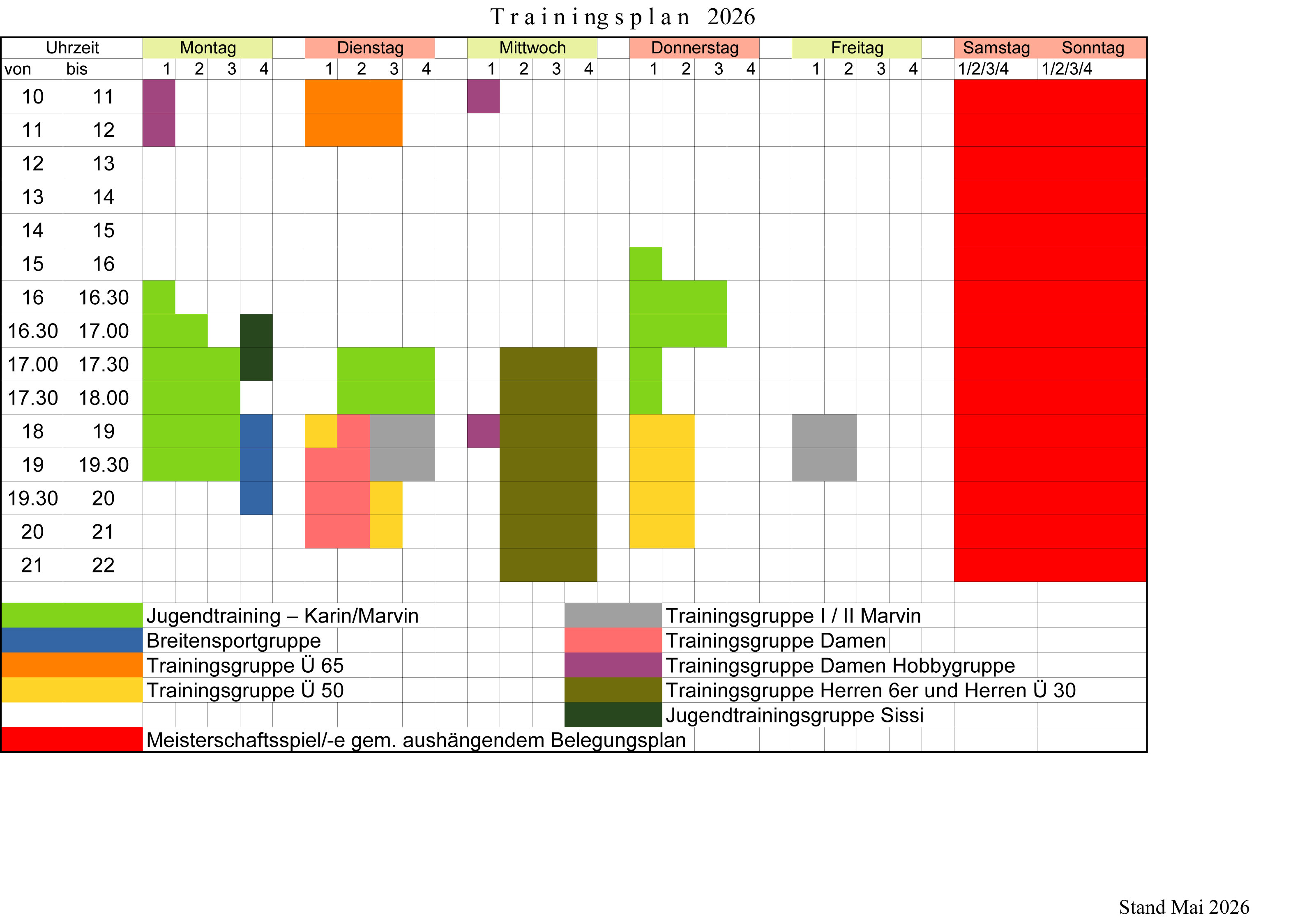 Belegungsplan Trainingszeiten 2026