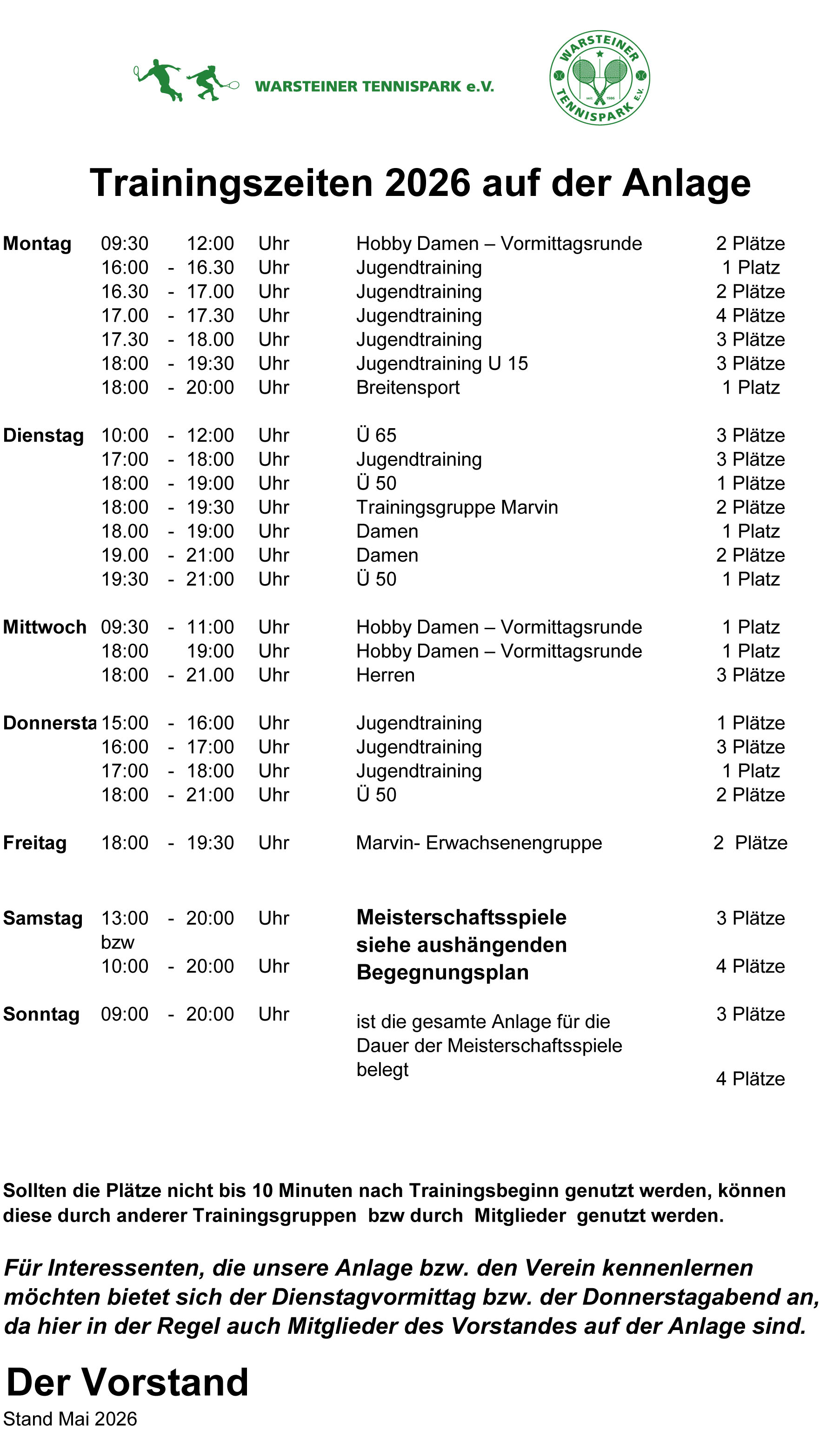 Trainingszeiten 2026 V2